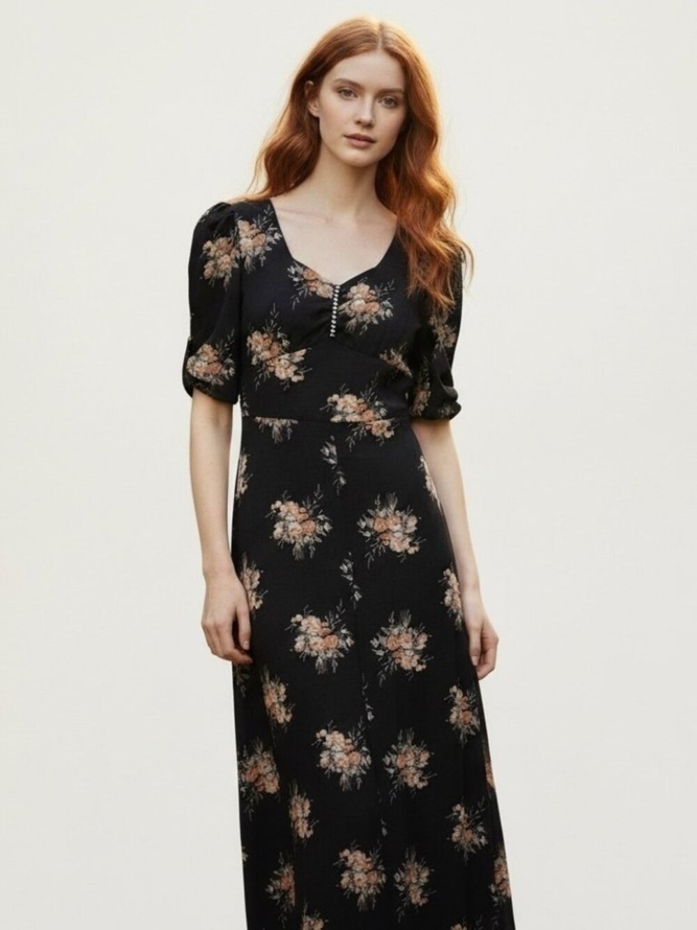 Vintage 70s Black Floral Sweetheart Neck Maxi Dress - 2-4/XS